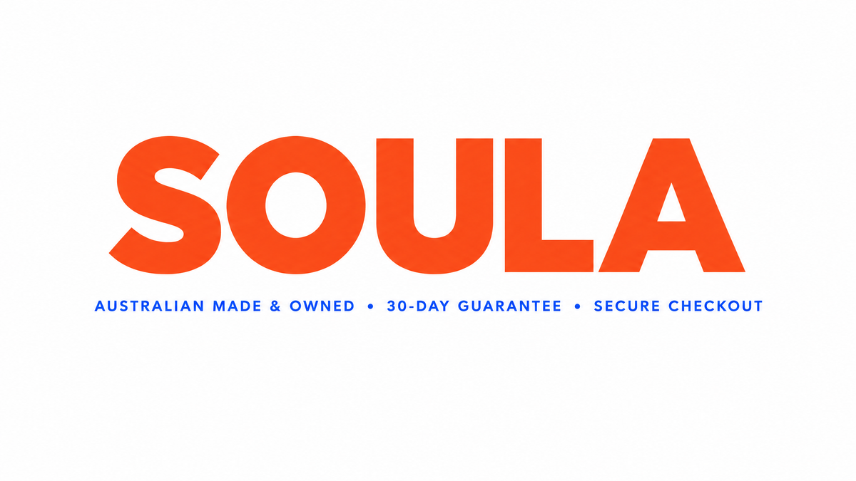 SOULA checkout brand lockup — Australian Made & Owned • 30-Day Guarantee • Secure Checkout
