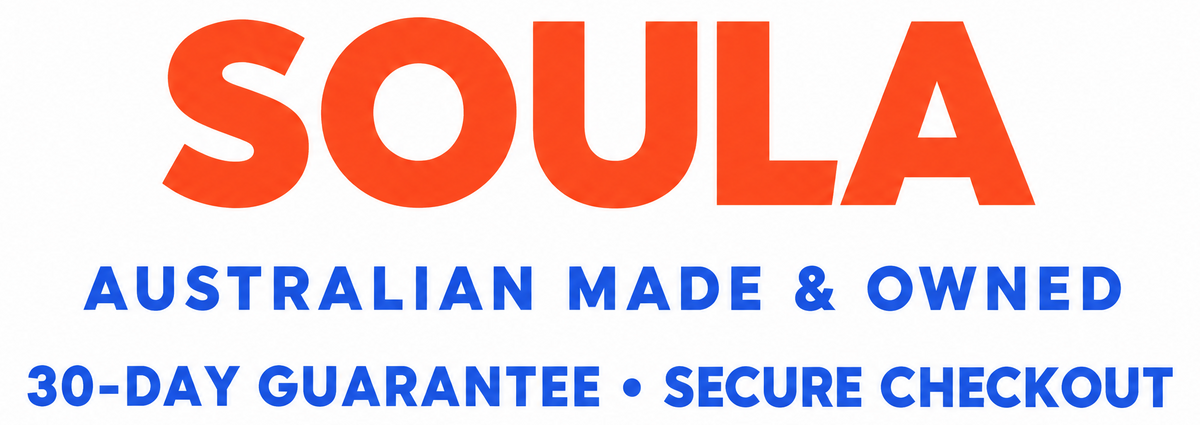 SOULA compact checkout brand lockup — Australian Made & Owned, 30-Day Guarantee, Secure Checkout