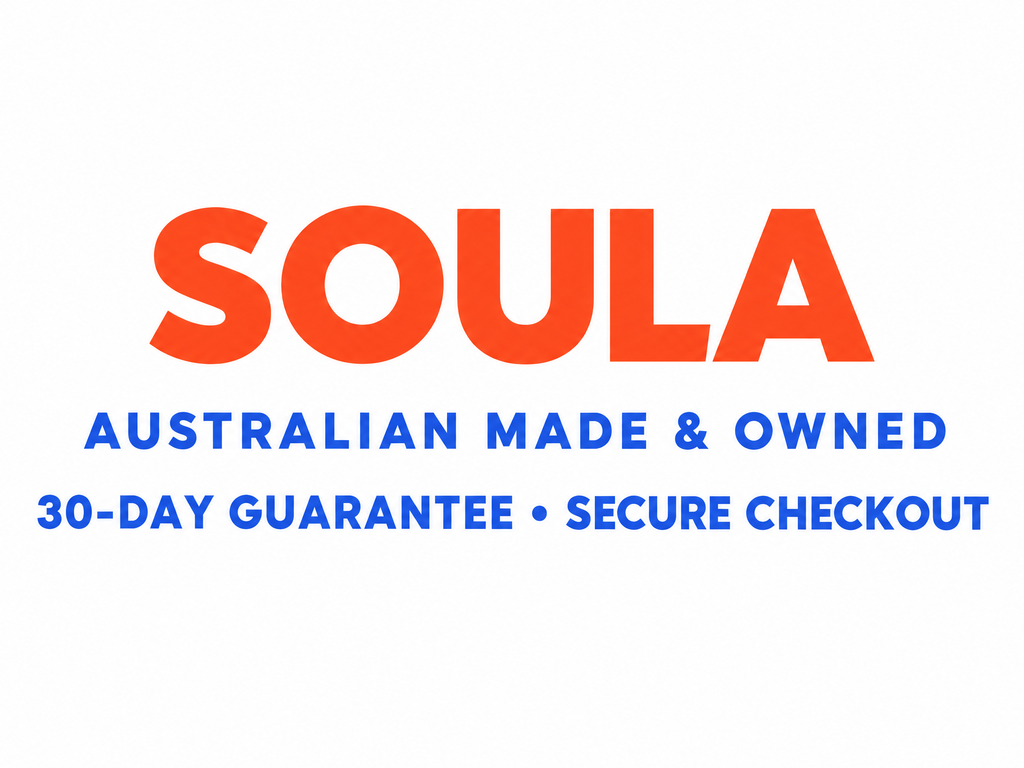 SOULA checkout brand lockup — legible Australian Made & Owned, 30-Day Guarantee, Secure Checkout